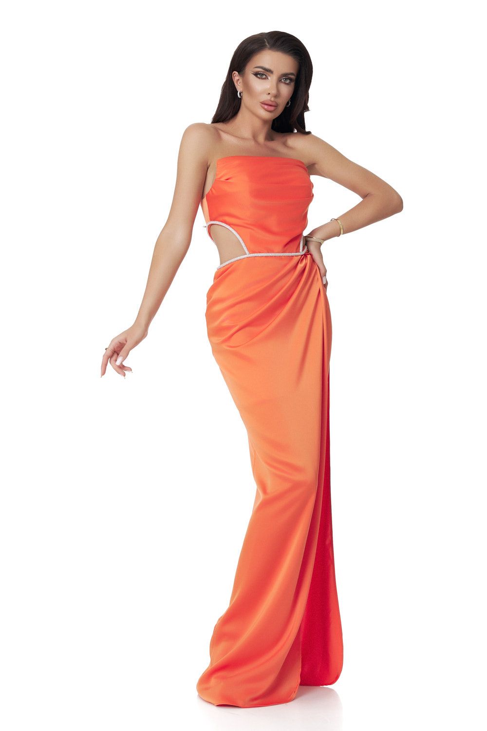 Hosszú narancssárga szatén női ruha Arlette Bogas
